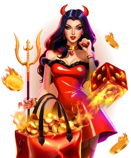 Hellspin devil character with a bag of gold coins
