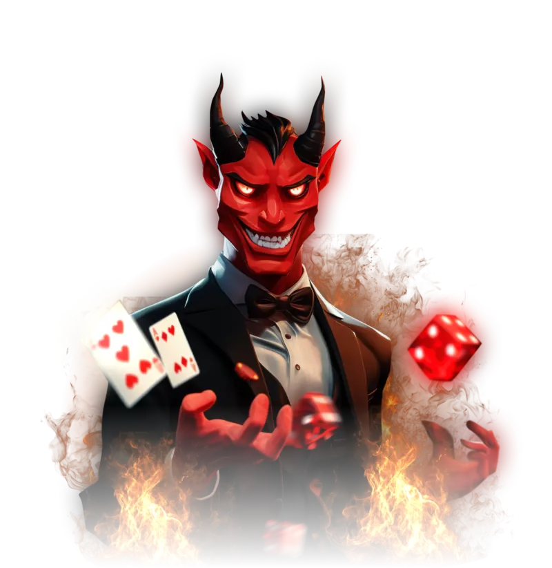 Hellspin welcome package promo art with a devil dealer holding cards
